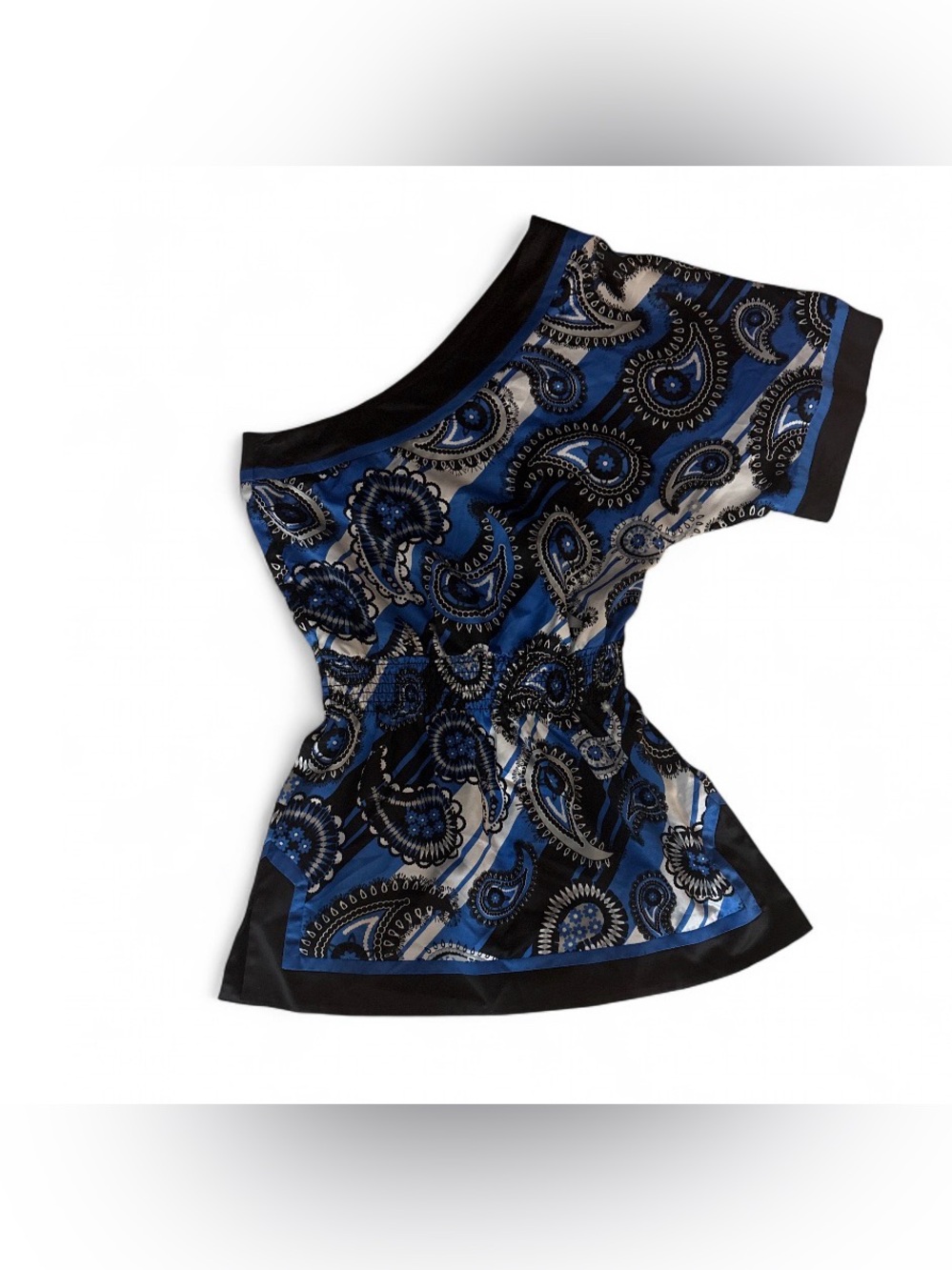 Takara Blue Paisley One-Shoulder Blouse with Black Trim